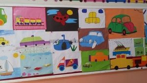 Preschool bulletin board related to Vehicles Theme