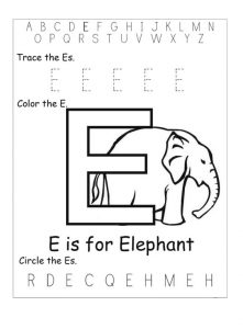 e is for elephant worksheet for prescholl