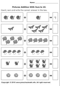 pictures addition with sum to 10 worksheets for preschool