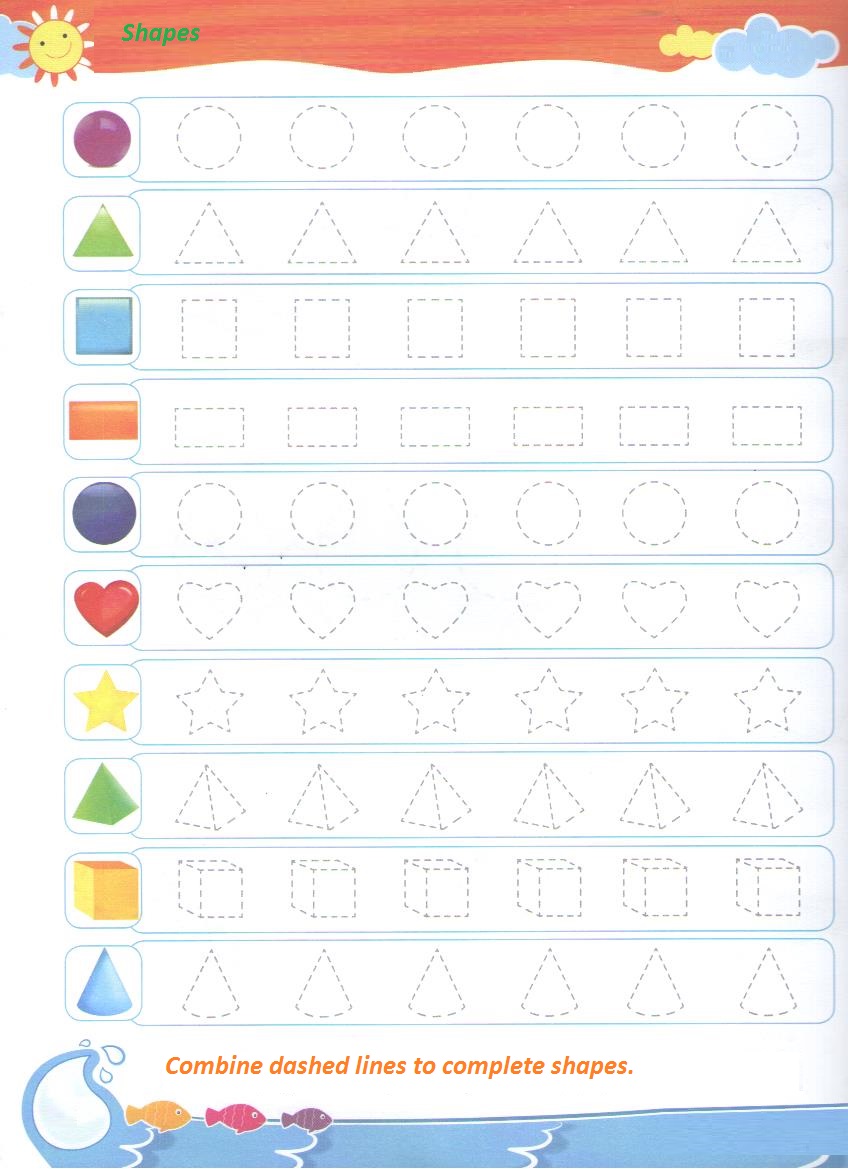 Shapes trace line worksheet for preschool - dot to dot shapes for