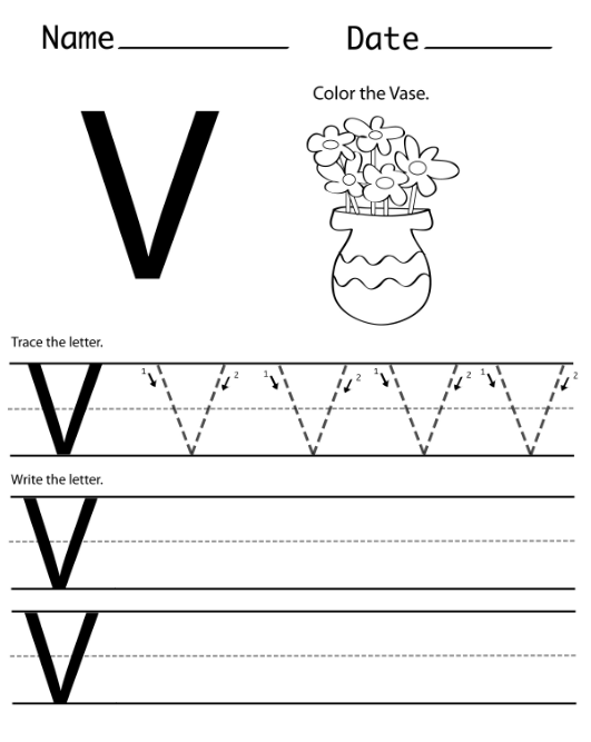 Trace the uppercase letter V worksheet for kindergarten - Preschool Crafts