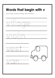 Trace theese words that begin with the lowercase letter v