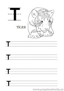 Uppercase letter t worksheet for kindergarten and 1st grade - tiger coloring page