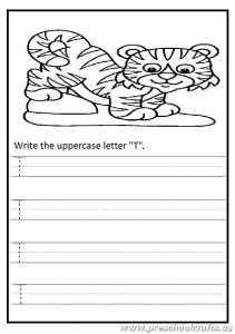 Write the uppercase letter t worksheet - tiger coloring page