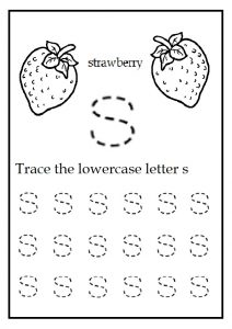 Trace the lowercase letter s worksheet for kindergarten - color the strawberry