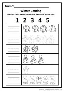 Winter count the pictures and write the numeral worksheet 1-2-3-4-5