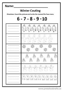 Winter count the pictures and write the numeral worksheet 6-7-8-9-10