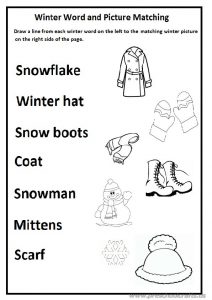 Winter word and picture matching worksheet and preschool and kindergarten