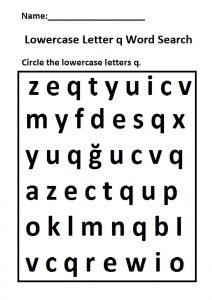 Lowercase letter q word search worksheet for preschool, kindergarten and 1st grade