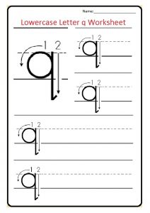 Lowercase letter q writing worksheet for preschool, kindergarten, 1st grade