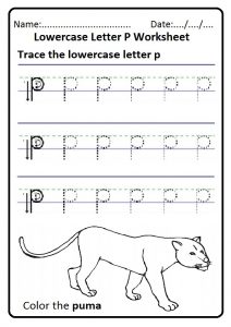 Trace the lowercase letter p worksheet for preschool and kindergarten