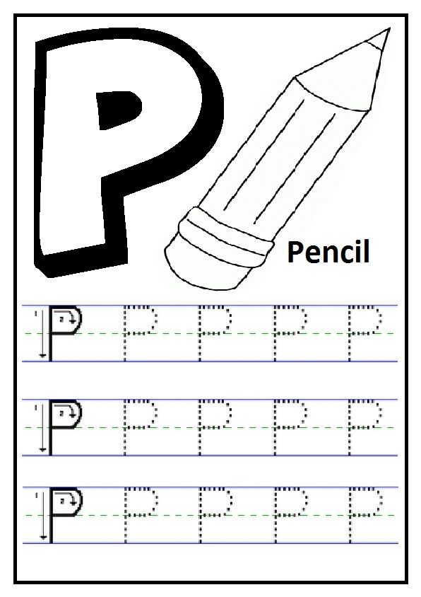 Trace the uppercase letter P is for pencil printables worksheet for preschool and kindergarten