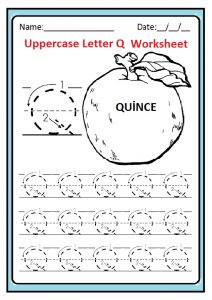 Uppercase letter Q tracing worksheet for preschool, kindergarten, 1st grade