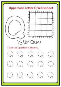 Uppercase letter Q tracing worksheet for preschool, kindergarten, 1st grade quenn colouring