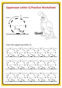 Uppercase letter Q tracing worksheet for preschool, kindergarten, and 1st grade