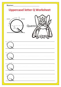Uppercase letter Q writing worksheet for preschool, kindergarten, 1st grade