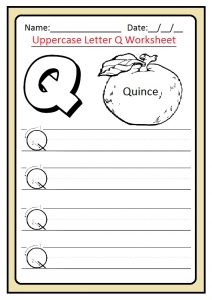 Uppercase letter Q writing worksheet for preschool, kindergarten and 1st grade