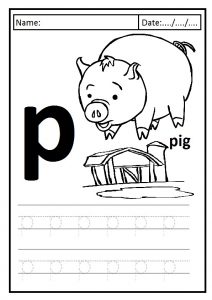 Write the lowercase letter p is for pig printables worksheet for preschool and kindergarten