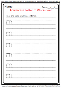 Lowercase Letter M Trace Worksheet for Kindergarten and Preschool