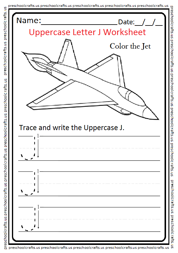 Uppercase Letter J Tracing Worksheet for Preschool and Kindergarten
