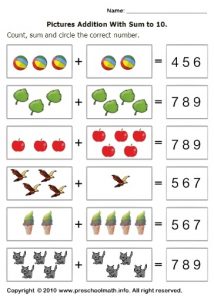Colored pictures addition with sum to 10 math worksheets