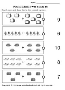 Preschool pictures addition with sum to 10 math worksheets