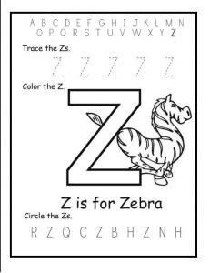 Trace the Uppercase Z - Color the Z is for Zebra - Circle the Z