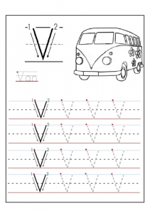 Uppercase letter V worksheets - V is for Van free printable