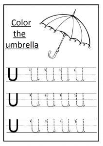 Trace the uppercase letter u worksheet and color the umbrella