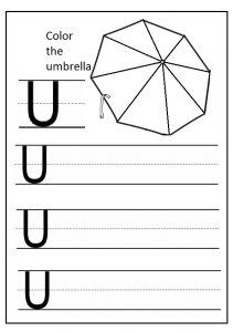 Write the uppercase letter u worksheet and color the umbrella
