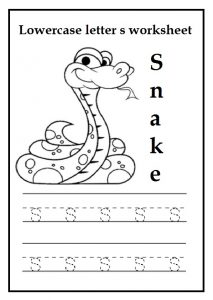 Lowercase letter s worksheet for preschool, kindergarten, 1st grade