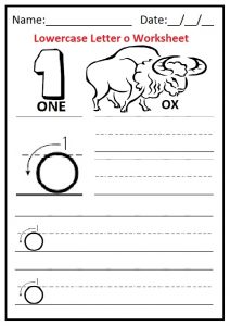 Lowercase Letter O Writing Worksheet for Preschool and Kindergarten