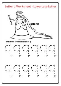 Lowercase letter q tracing worksheet for preschool, kindergarten, 1st grade quenn colouring