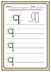 Lowercase letter q writing worksheet for preschool, kindergarten and 1st grade