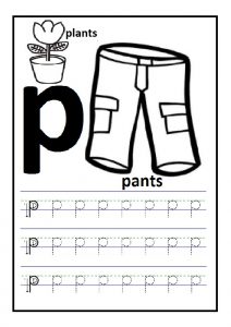 Trace the lowercase letter p is for pants printables worksheet for preschool and kindergarten