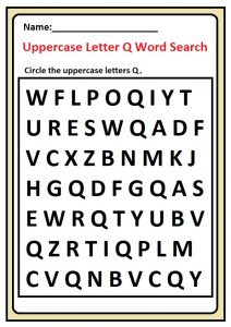 Uppercase letter Q word search worksheet for preschool, kindergarten and 1st grade