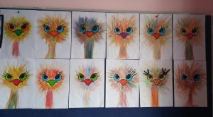 colored ostrich art activity bulletin board for preschool