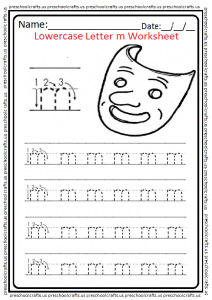 Lowercase Letter m Trace and Write Worksheet for Kindergarten and Preschool