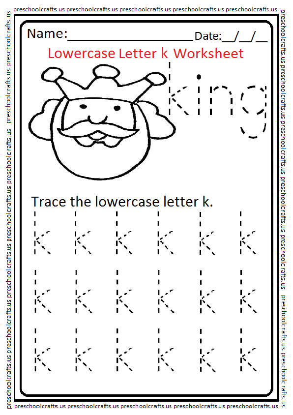 Lowercase Letter k Tracing Worksheet for Preschool and Kindergarten Free Printable