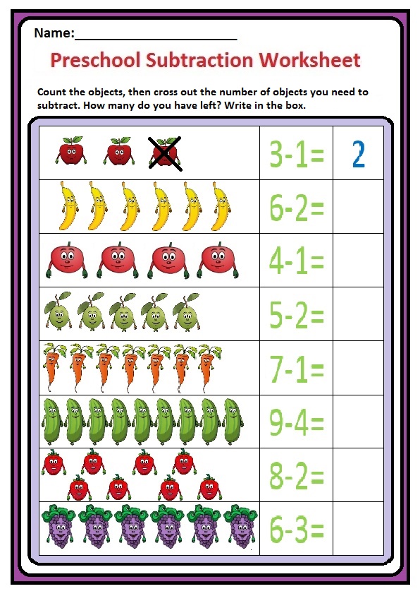 Preschool Subtraction Worksheet 1 - Fruits and Vegetable Themes Free Printable
