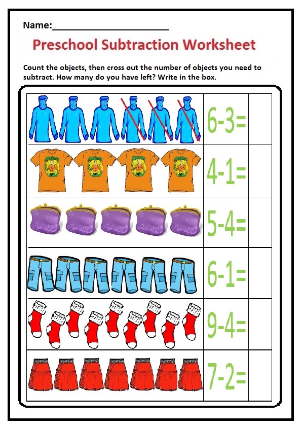 Clothes Theme Subtraction Worksheet Preschool and Kindergarten