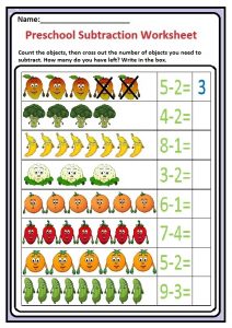 Preschool Subtraction Worksheet - Fruits and Vegetable Themes Free Printable