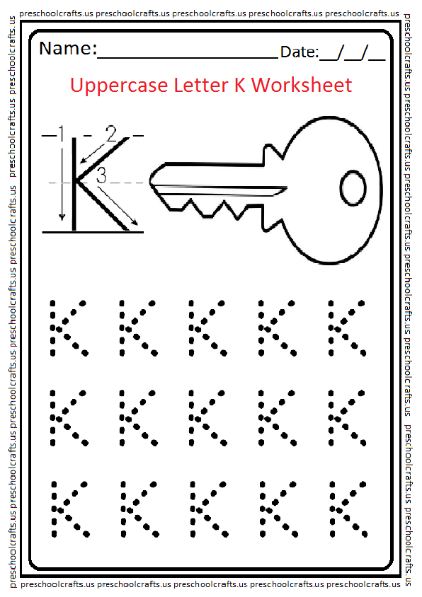 Tracing Uppercase Letter K Worksheet for Preschool and Kindergarten Free Printable