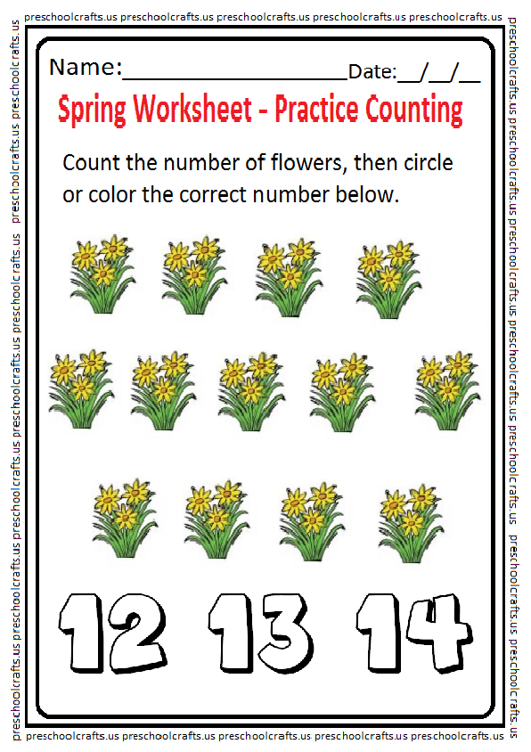 Spring themed counting worksheet for preschool and kindergarten