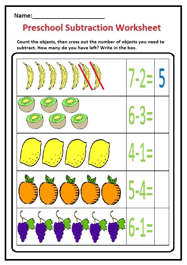 Preschool Subtraction Worksheet - Fruits and Vegetable Themes Free Printable for Kindergarten