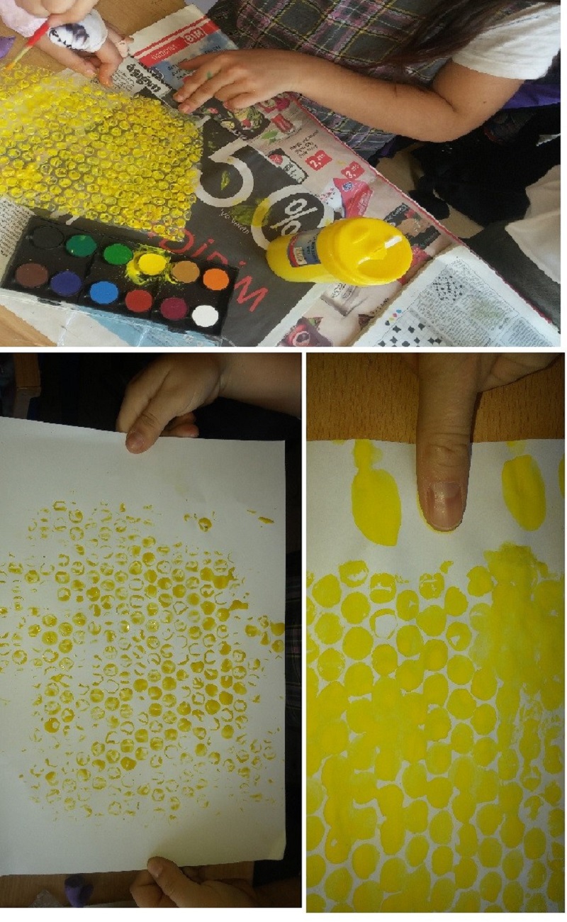 finger print bee and bubble nylon print honeycomb craft idea for kids